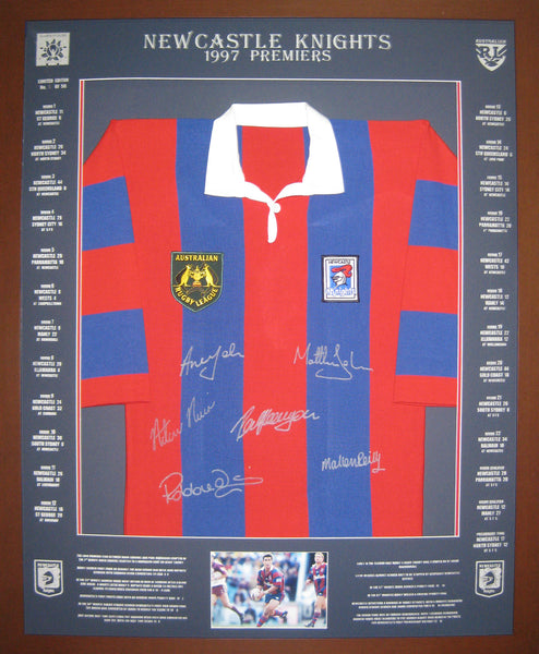 1997 Newcastle Knights Premiers - Signed & framed jersey – Blazed In Glory