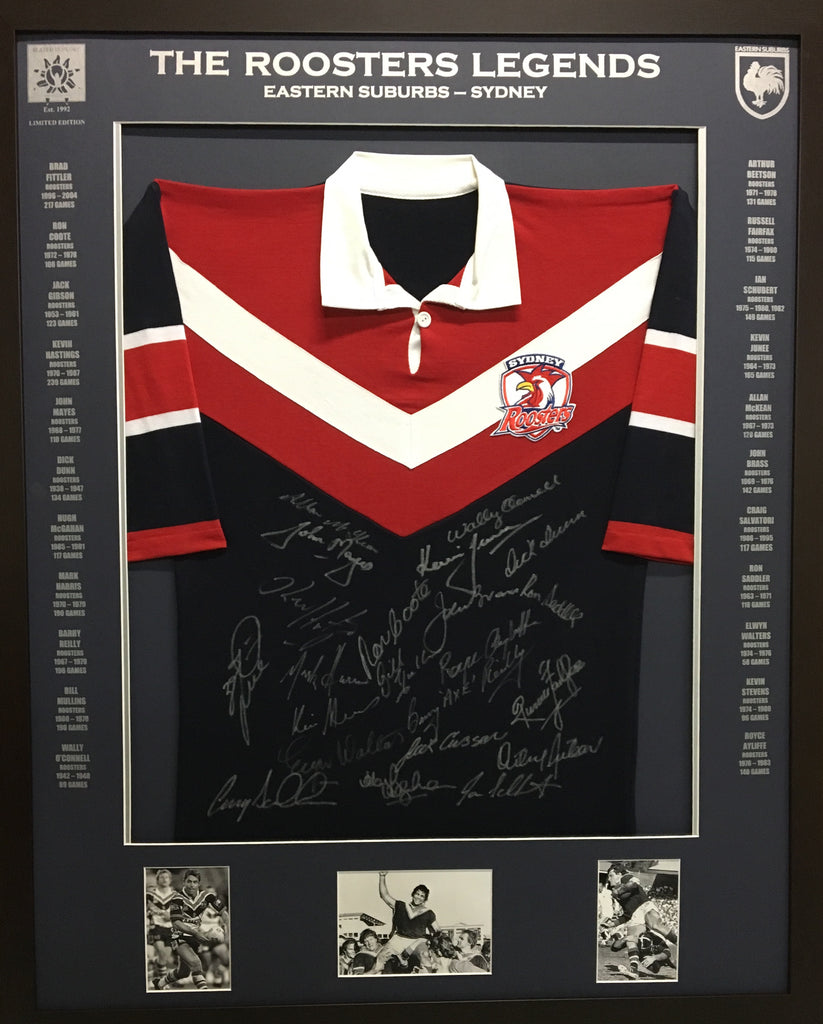 Easts Sydney Roosters Legends Signed framed jersey Blazed In